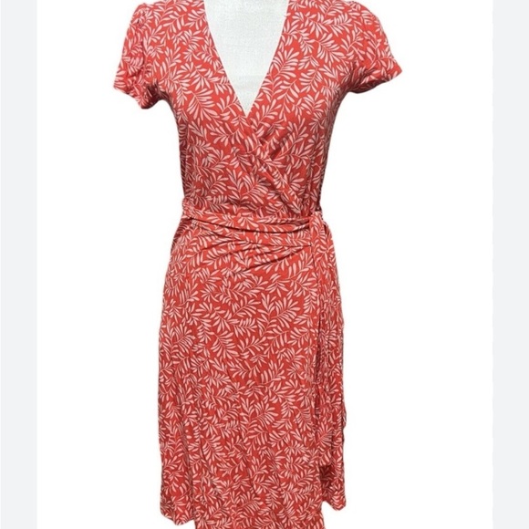 Boden Women’s Orange Wrap Knee Length Dress with Botanical Leaf Print Stretchy - Picture 1 of 12